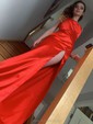 Trumpet/Mermaid Cowl Neck Silk-like Satin Sweep Train Split Front Prom Dresses