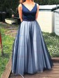 Princess V-neck Satin Tulle Floor-length Pleats Prom Dresses