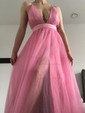 Black A-line V-neck Floor-length Tulle Prom Dresses With Split