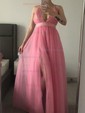 A-line Floor-length V-neck Tulle Split Front Prom Dresses