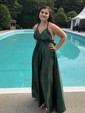 A-line V-neck Satin Cut Out Prom Dresses With Ruched