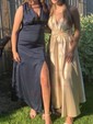 A-line V-neck Satin Cut Out Prom Dresses With Ruched