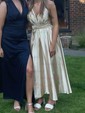 A-line V-neck Satin Cut Out Prom Dresses With Ruched