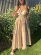 A-line V-neck Satin Cut Out Prom Dresses With Ruched