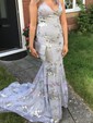 Trumpet/Mermaid Sweep Train V-neck Tulle Sequins Prom Dresses