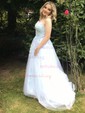 Ball Gown Scoop Neck Tulle Sweep Train Appliques Lace Prom Dresses