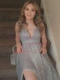 A-line V-neck Lace Sparkly Prom Dresses With Star
