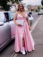 Ball Gown V-neck Satin Prom Dresses With Floor-length