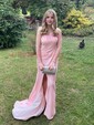 Sheath/Column One Shoulder Velvet Sequins Sweep Train Split Front Prom Dresses