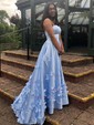 Sky Blue Ball Gown Strapless Satin 3D Floral Prom Dresses