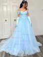 Ball Gown Off-the-shoulder Tulle Sweep Train Beading Prom Dresses
