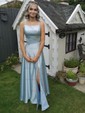 A-line Square Neckline Silk-like Satin Sweep Train Split Front Prom Dresses