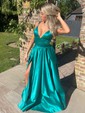 Ball Gown V-neck Satin Prom Dresses With Floor-length