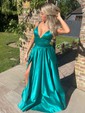 Ball Gown V-neck Satin Floor-length Pockets Prom Dresses