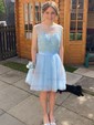 Girls A-line Scoop Neck Tulle Short/Mini Appliques Lace Short Prom Dresses