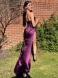 Sheath/Column V-neck Satin Prom Dresses With Ruched