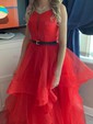 A-line Square Neckline Glitter Sweep Train Tiered Prom Dresses