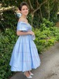 A-line Off-the-shoulder Satin Tea-length Ruffles Vintage Short Prom Dresses