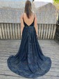 Black Ball Gown V-neck Backless Glitter Prom Dresses With Ruched