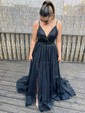 Black Ball Gown V-neck Backless Glitter Prom Dresses With Ruched