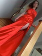 Red Sheath/Column Cowl Neck Satin Prom Dresses