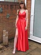 A-line V-neck Satin Prom Dresses With Ruched