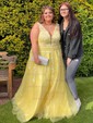 Ball Gown V-neck Floor-length Tulle Prom Dresses With Appliques