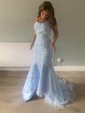 Trumpet/Mermaid Scoop Neck Tulle Sweep Train Appliques Lace Prom Dresses