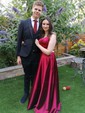 A-line Scoop Neck Satin Prom Dresses With Ruched