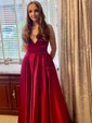 Ball Gown V-neck Satin Floor-length Pockets Prom Dresses