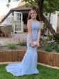 Trumpet/Mermaid Scoop Neck Tulle Sweep Train Appliques Lace Prom Dresses