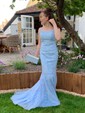 Trumpet/Mermaid Scoop Neck Tulle Sweep Train Appliques Lace Prom Dresses