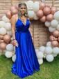 A-line Sweep Train V-neck Silk-like Satin Split Front Prom Dresses