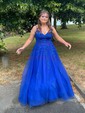 Ball Gown V-neck Tulle Prom Dresses With Appliques