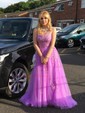 Ball Gown Scoop Neck Tulle Sweep Train Appliques Lace Prom Dresses