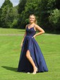 A-line Floor-length V-neck Silk-like Satin Appliques Lace Prom Dresses