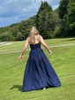 A-line V-neck Satin Prom Dresses With Appliques