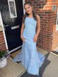 Trumpet/Mermaid Scoop Neck Tulle Sweep Train Appliques Lace Prom Dresses