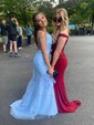 Trumpet/Mermaid Scoop Neck Tulle Sweep Train Appliques Lace Prom Dresses