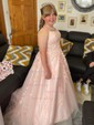 Ball Gown Scoop Neck Tulle Sweep Train Appliques Lace Prom Dresses