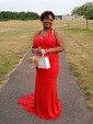 Mermaid Cowl Neck Jersey Prom Dresses With Bow