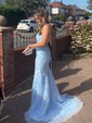 Trumpet/Mermaid Scoop Neck Tulle Sweep Train Appliques Lace Prom Dresses
