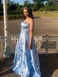 Sky Blue Ball Gown Strapless Satin 3D Floral Prom Dresses