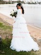 Ball Gown Scoop Neck Tulle Stretch Crepe Sweep Train Wedding Dresses With Cascading Ruffles