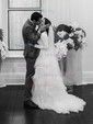 A-line Scoop Neck Tulle Stretch Crepe Sweep Train Cascading Ruffles Wedding Dresses