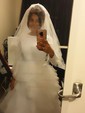 A-line Scoop Neck Tulle Stretch Crepe Sweep Train Cascading Ruffles Wedding Dresses
