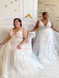 Ball Gown V-neck Tulle Sweep Train Wedding Dresses With Appliques Lace