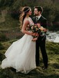 Ball Gown V-neck Tulle Sweep Train Wedding Dresses With Appliques Lace