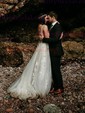 Ball Gown V-neck Tulle Sweep Train Wedding Dresses With Appliques Lace