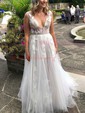 Ball Gown V-neck Tulle Sweep Train Wedding Dresses With Appliques Lace